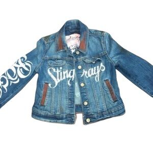 Classic jean jacket with white and red hand painted images, bike club